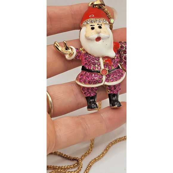 Betsey Johnson Rhinestone Purple Magenta Santa Necklace 30in chain 3in pendant - Picture 2 of 5